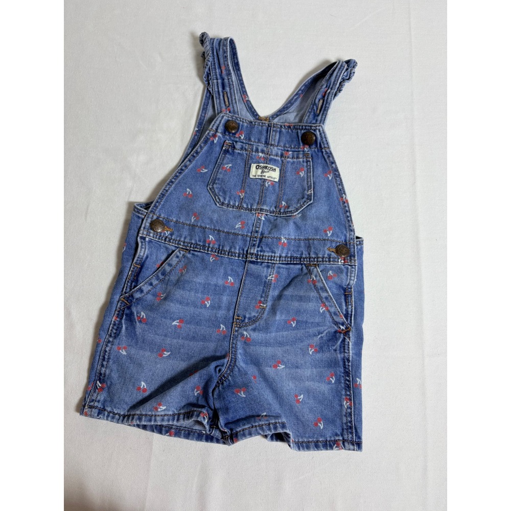 OshKosh B'gosh Shortalls 2T Blue  Cherry Print Denim jeans  Bib Overalls cotton